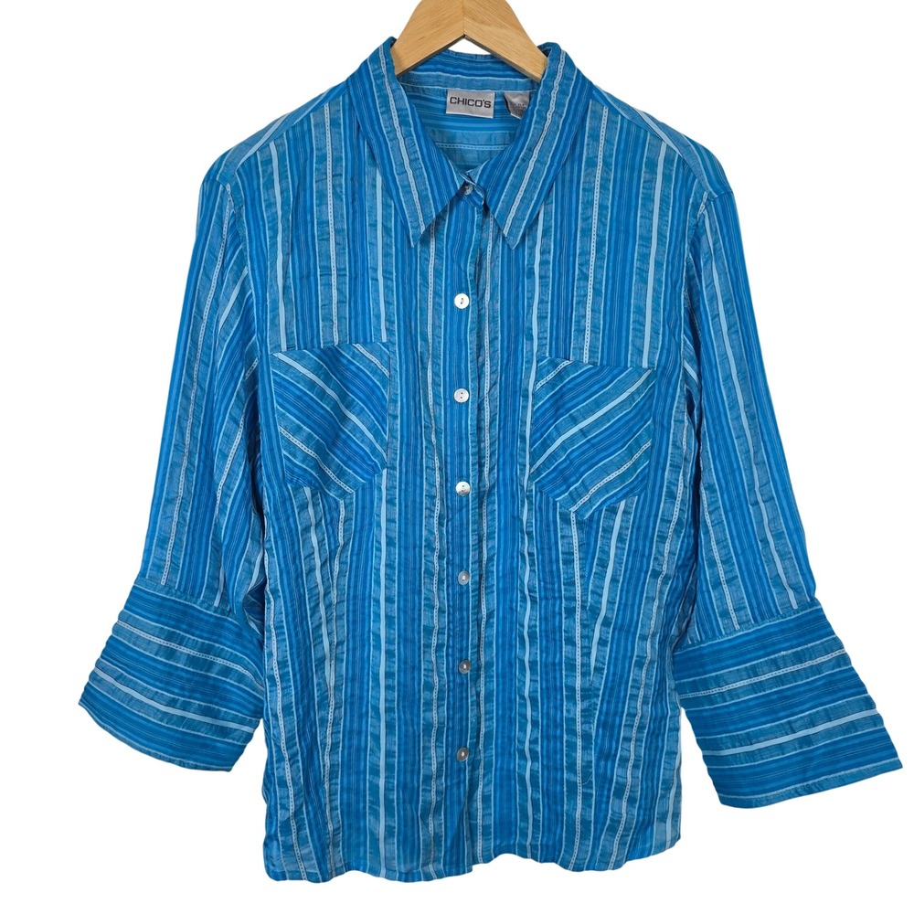 Chico's Blue Striped Silk Linen Blend Button Down Shirt Size 3 - XL 3/4 Sleeve